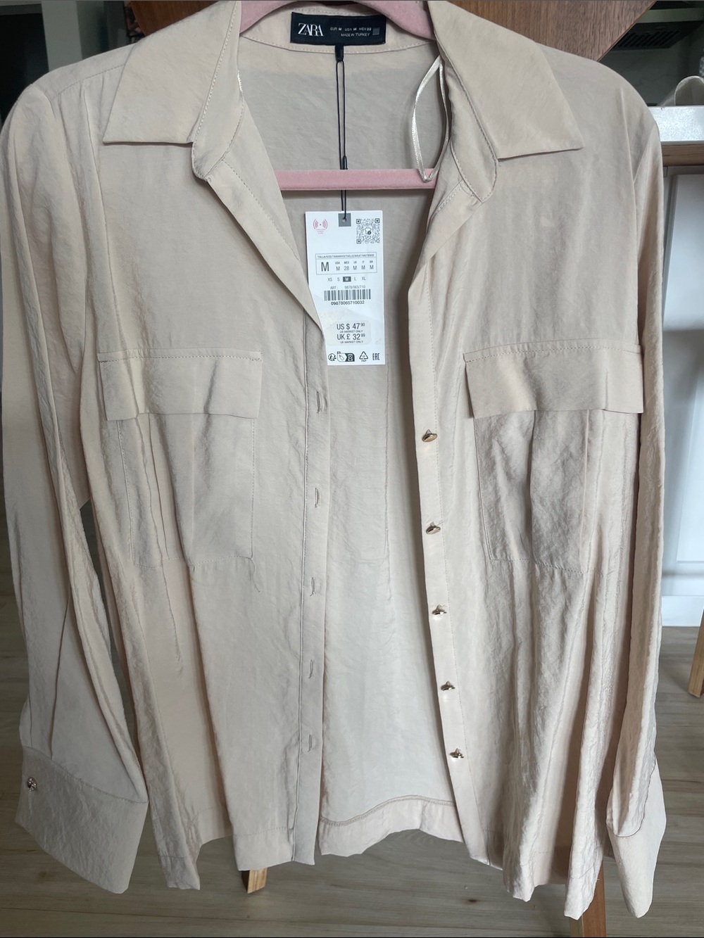 Zara Beige Button-Up Shirt with Chest Pockets